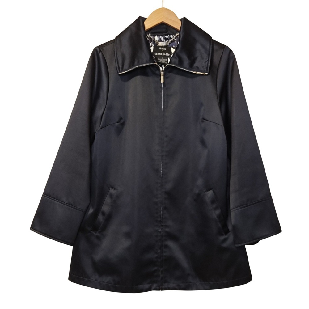 Dennis Basso Jacket Womens Medium Navy Blue Satin Zip Front Leopard Lined 3/4 Sl